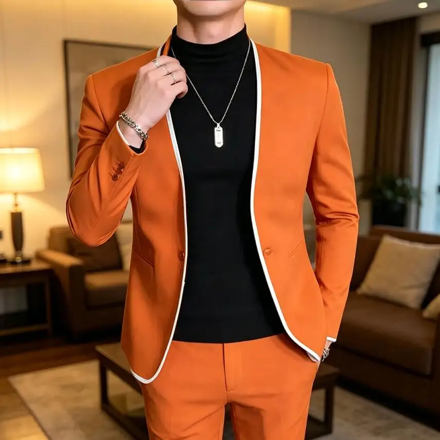 Casual 2 Piece Orange Men Suits Round Collar Blazer with Pants Sets Slim Fit Wedding Tuxedo for Groomsmen Male Fashion Clothing