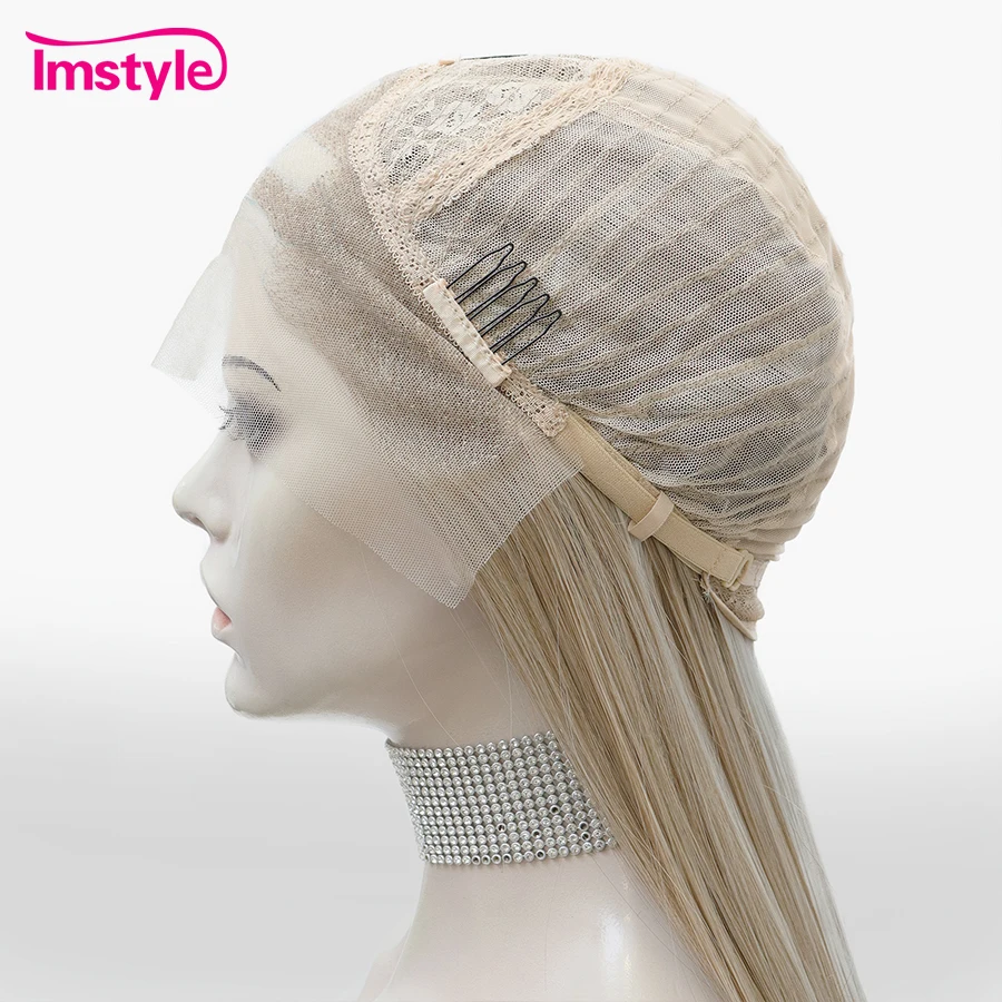 Imstyle-peluca sintética con malla frontal para mujer, cabellera larga lisa con reflejos de platino, resistente al calor, para uso diario