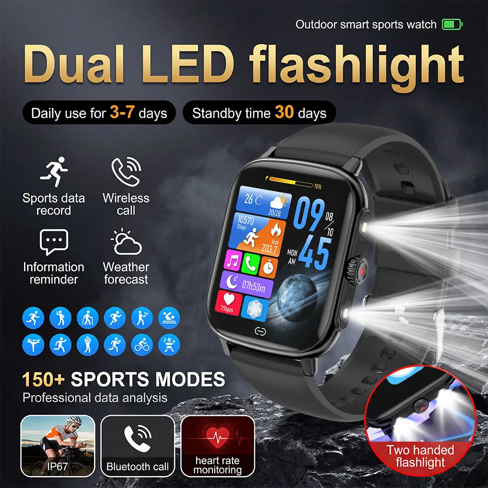

2026 IP68 Waterproof Smart Watch with LED Flashlight Bluetooth Call 150+ Sports Modes Heart Rate Health Monitor for iOS Android