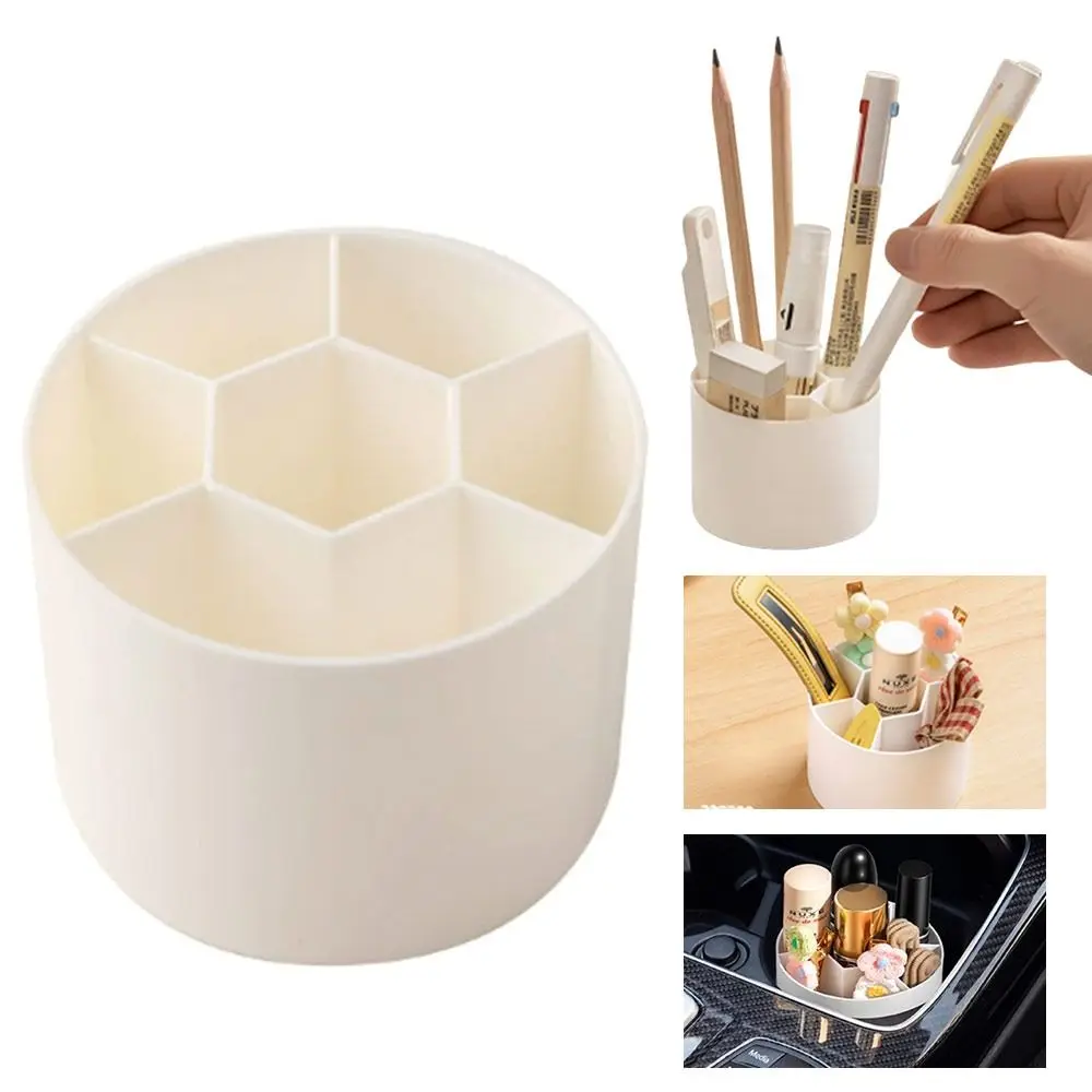 Portable Mini Desktop Storage Box Round Separated Stationery Storage Rack Rotating Makeup Brush Holder for Home