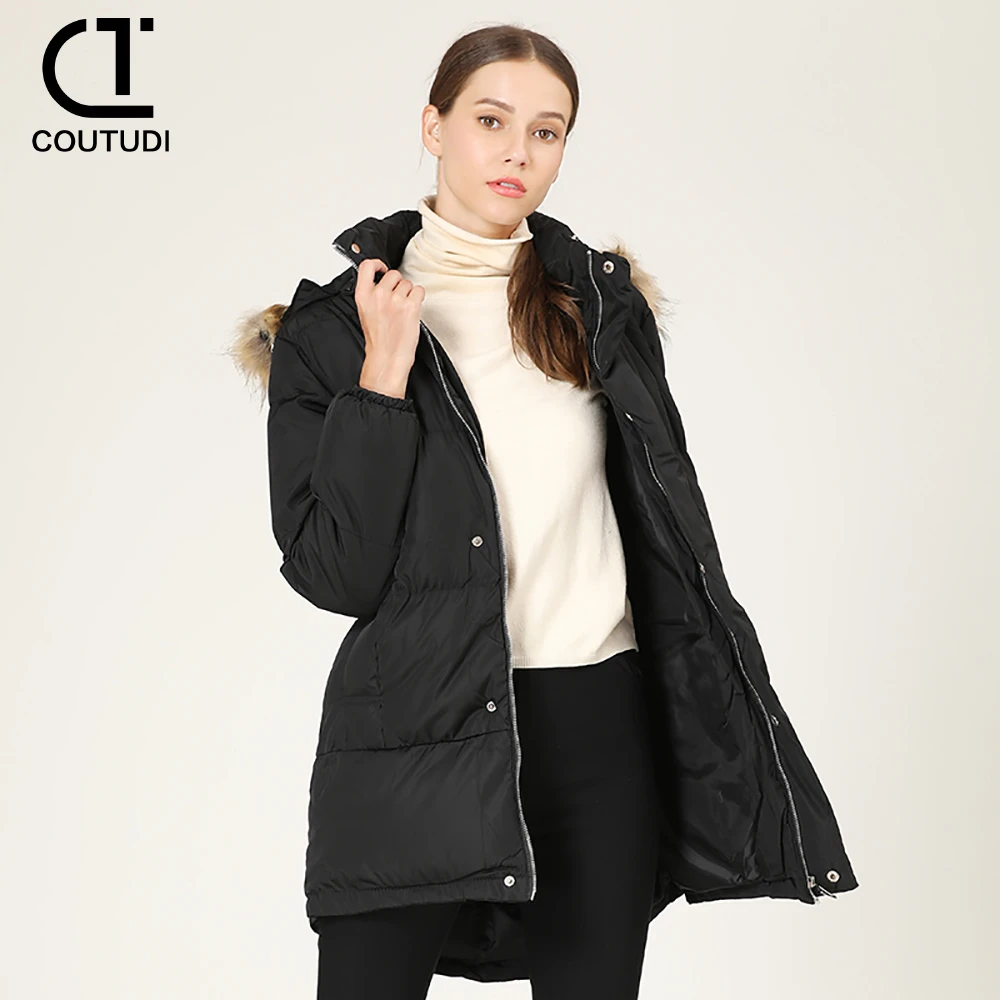 COUTUDI-Women\'s Winter Long Coats, Warm Down Cotton Jacket, Fur Collar, Hooded Parka, Overcoat, Korean Fashion Outwear, Female,