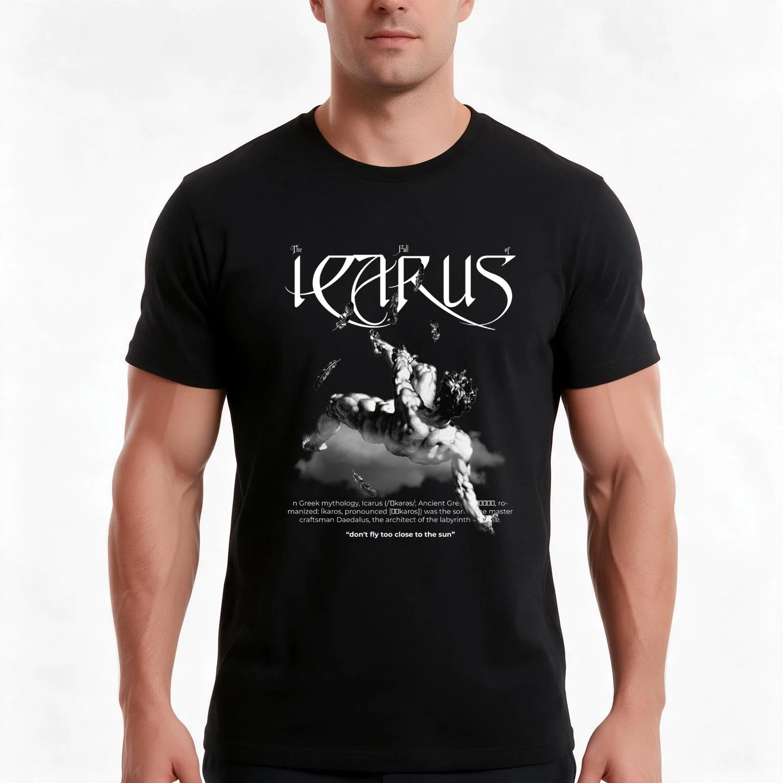 Icarus T-Shirt, Summer Casual Cotton Tee, Oversized Streetwear Tops, Vintage Graphic Print, Loose Fit Short Sleeve, 100% Cotton