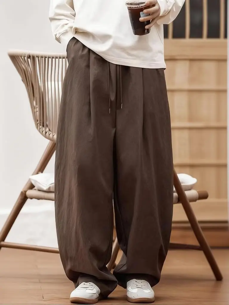 Loose Wide Japanese Pants Man Wide Pants Casual Man Pants Leg Pleated Drawstring Retro Solid Color Drape Elastic Outdoor