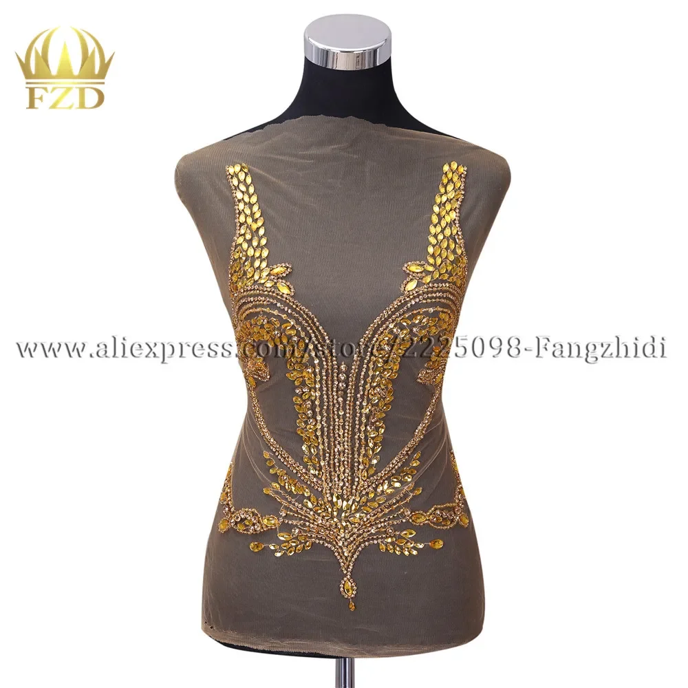 

FZD 1 Piece Handmade Beaded Gold Applique Bodice with more Sparkle Beading Sewing Patches for Dance Rhinestone Trim Glass Women