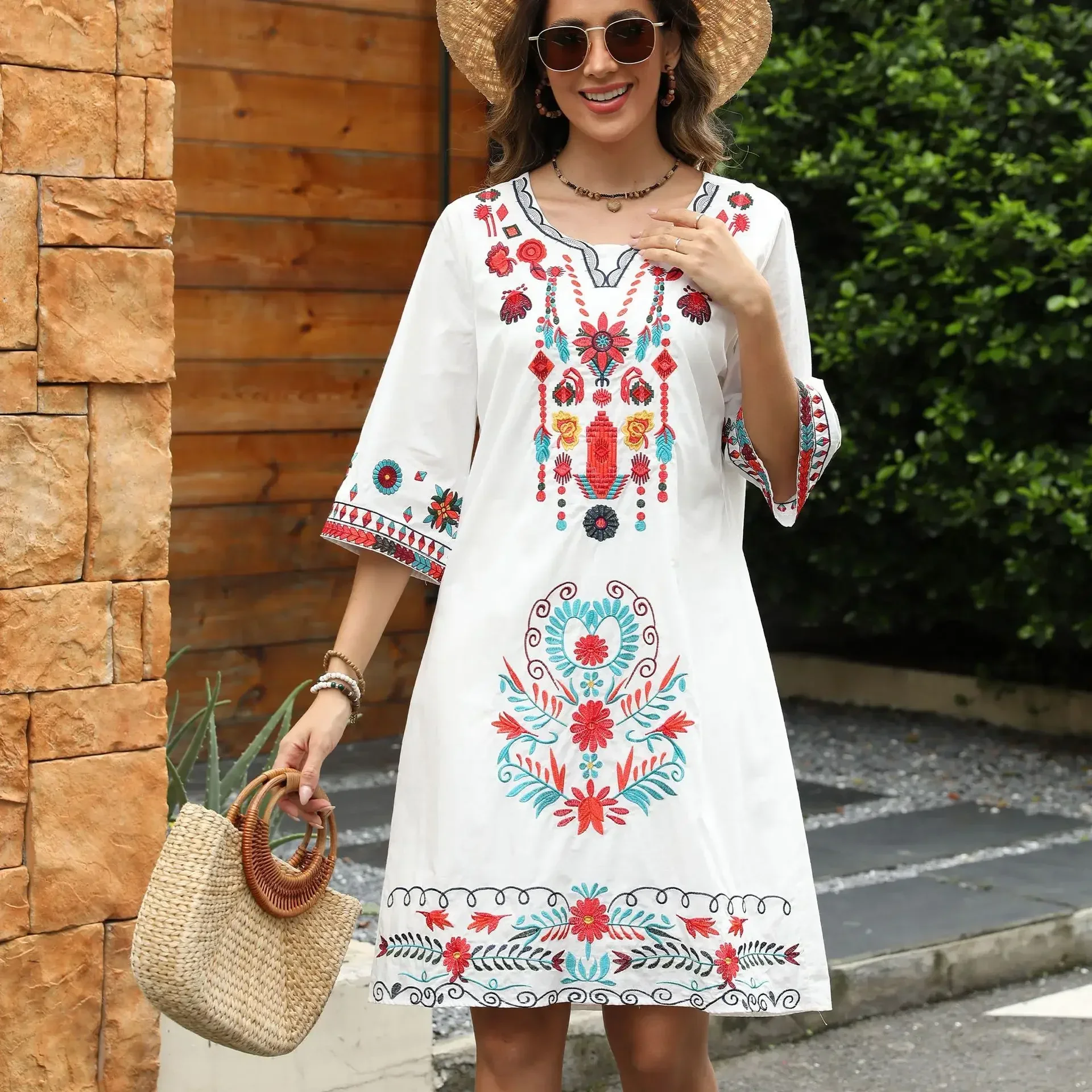 Eaeovni Women\'s Summer Boho Mexican Peasant Dress Short Sleeve Floral Embroidered Flowy Dresses Loose Hippie Bohemian Tunic