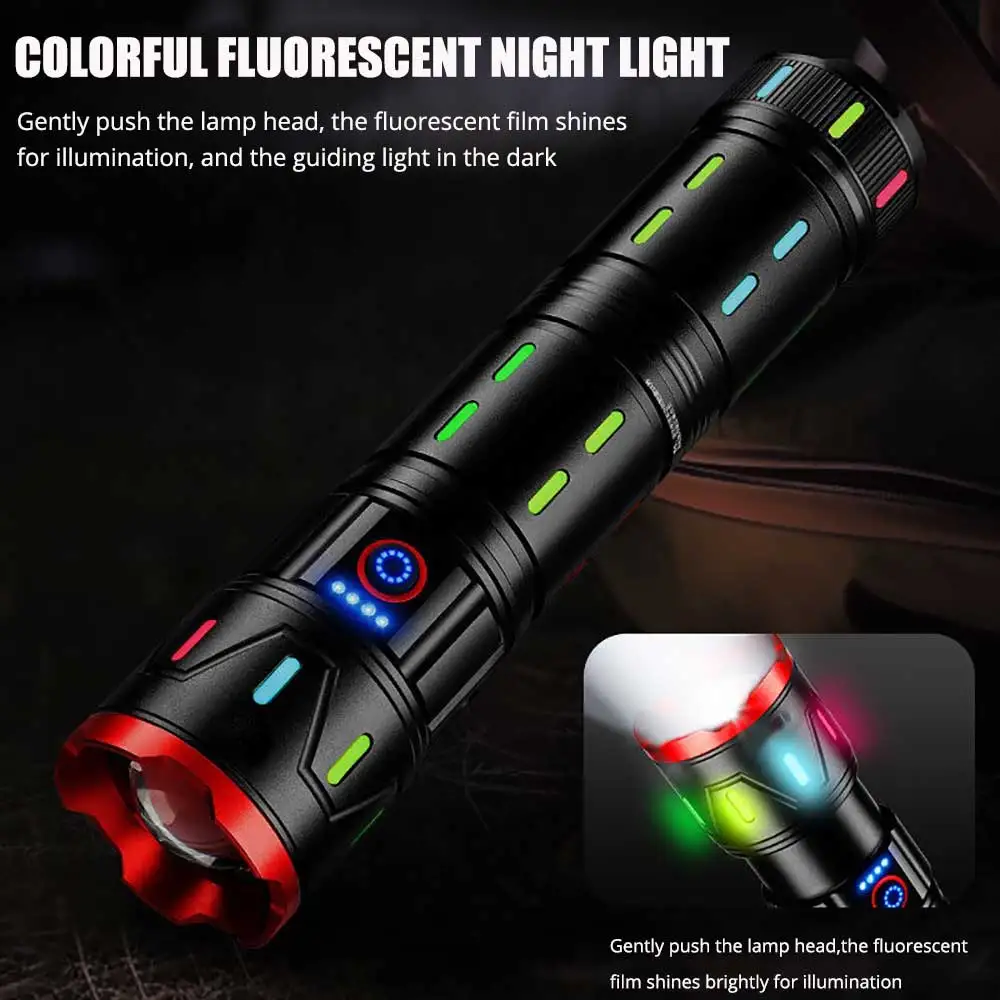 New 24000mAh Tactical Flashlight with Fluorescent Absorbing Film 3Colors Brightest Type-C Rechargeable Zoom Function for Camping