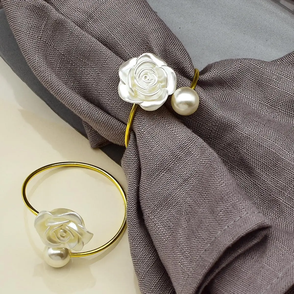 12Pcs White Pearl Flower Napkin Rings, golden pearl rose design. Imitation beaded decor for wedding, home dinner and party.