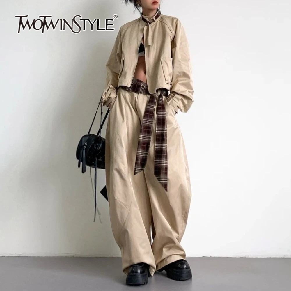

TWOTWINSTYLE Свободные комплекты из двух предметов для женщин, воротник-стойка, длинные рукава, сращенные карманы, куртка с высокой талией, широкие брюки, женский комплект