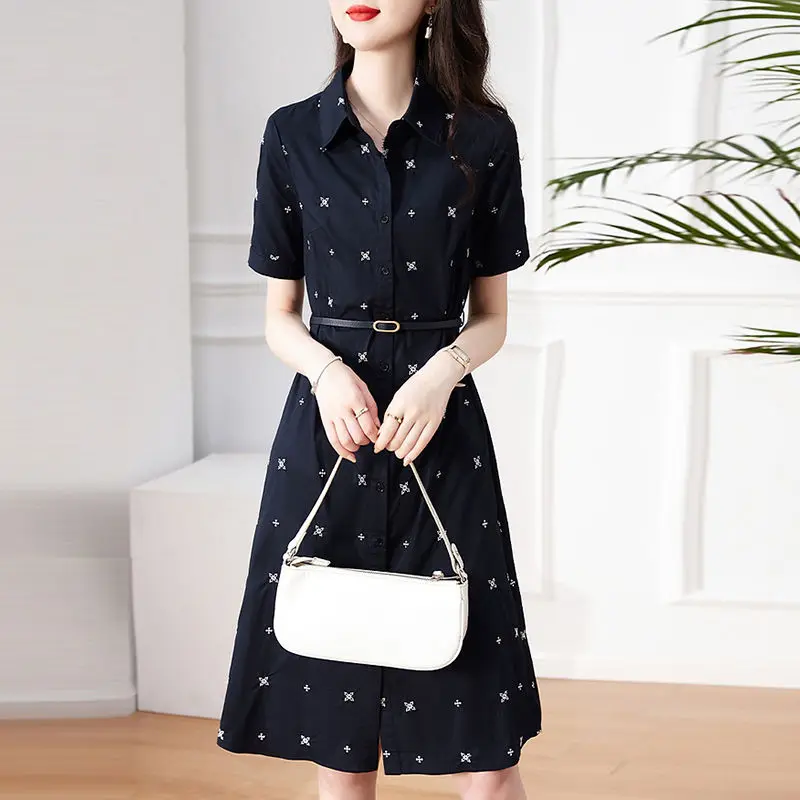 Women Clothing 2024 Summer Fashion Print with Belt Elegant Shirt Dresses Female Short Sleeve High Waist Slim Midi Dress Vestidos