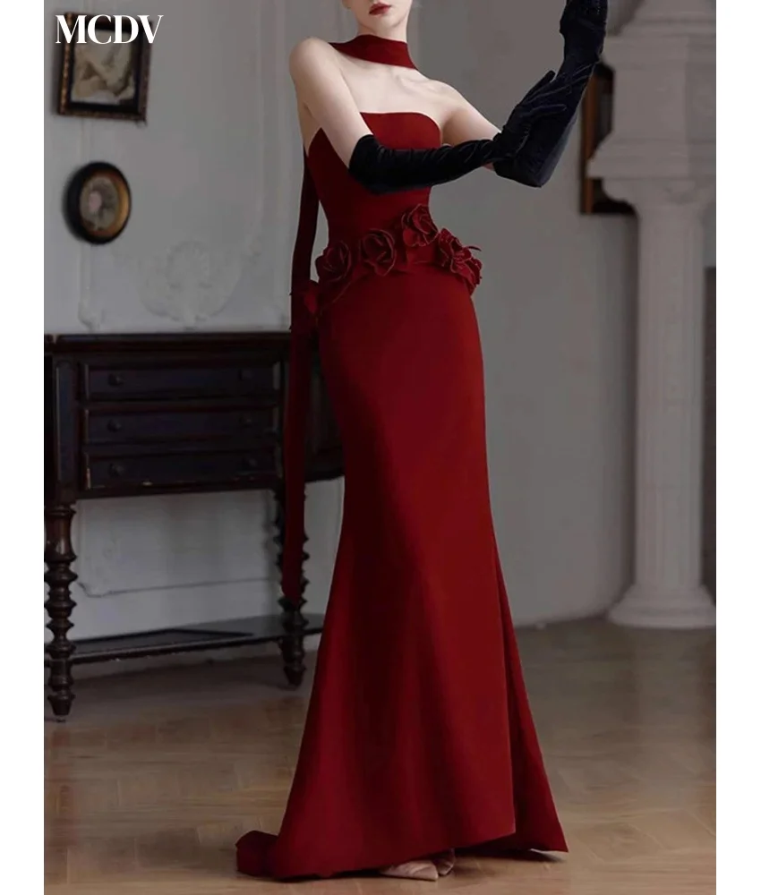 Abito da sera con fiori 3D con volant a sirena in jersey grazioso personalizzato Abiti da ballo con maniche staccabili senza spalline di alta qualità