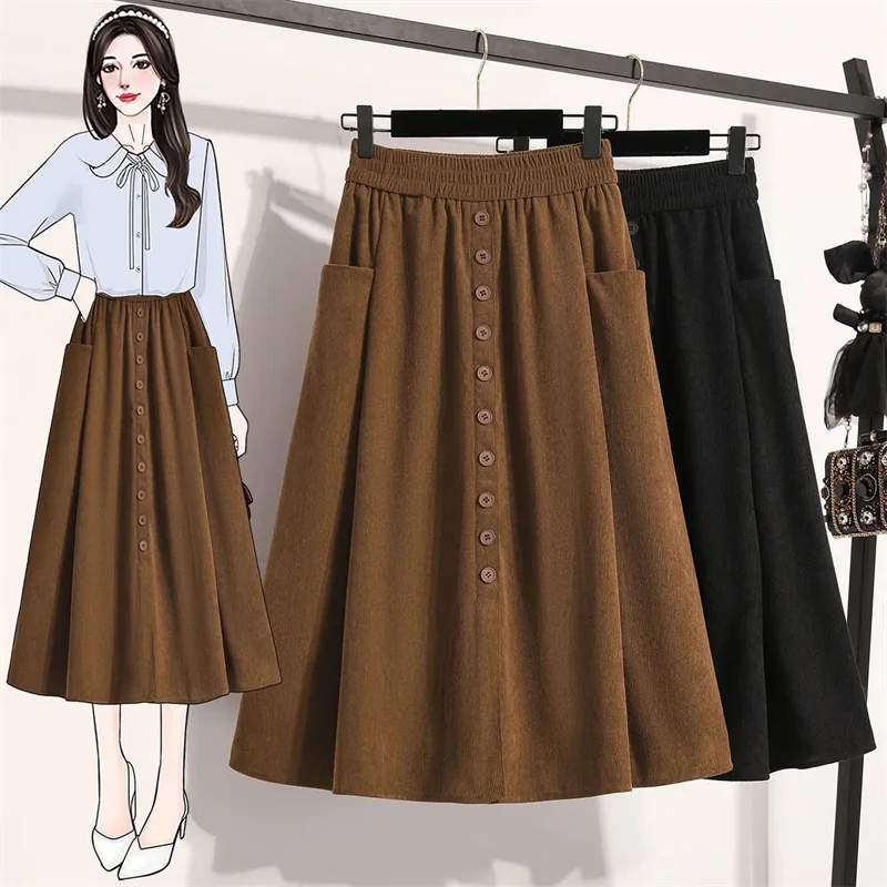 Women Skirt Retro Fashion spring Autumn Winter Elastic Waisted thicken   Skirt Versatile Casual A Line Mid-length Skirts Female