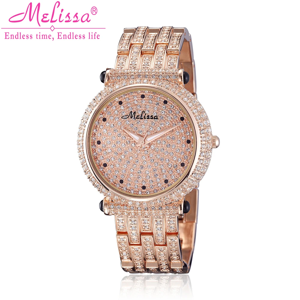 

Luxury Melissa Lady Women's Watch Elegant Full Rhinestone CZ Fashion Large Hours Bracelet Crystal Clock Girl Birthday Gift Box