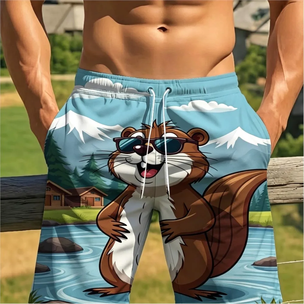 Men's Cute Beaver Print Swim Trunks Cartoon Animal Beach Shorts Quick Dry Elastic Waist Drawstring Board Shorts with Pockets
