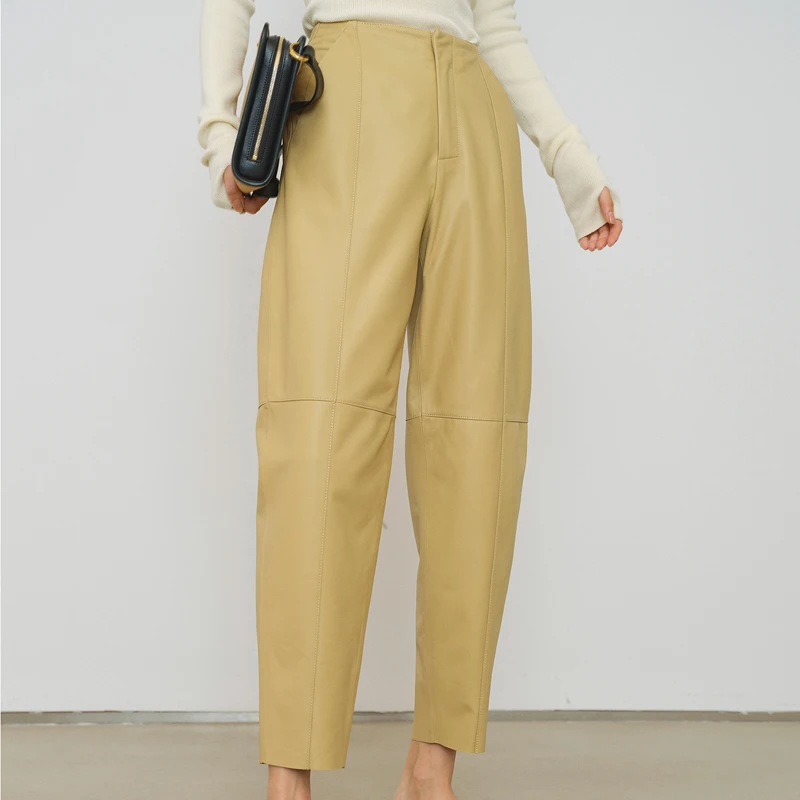 Leather Cropped Trousers women 2025 Spring Femme Soft Delicate Leather Radish Pants Mujer Khaki Casual Loose Black Pantalones