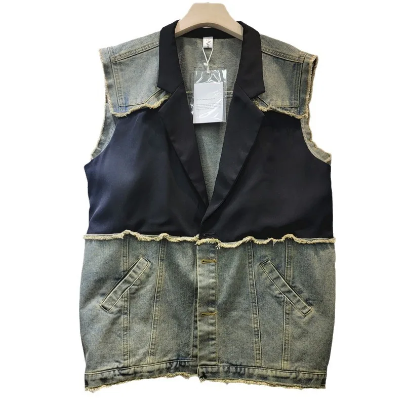 Denim Vest Patchwork Raw Edge Turn Down Collar Sleeveless with Pockets Two Button Contrast Color Loose Jacket Coat Retro