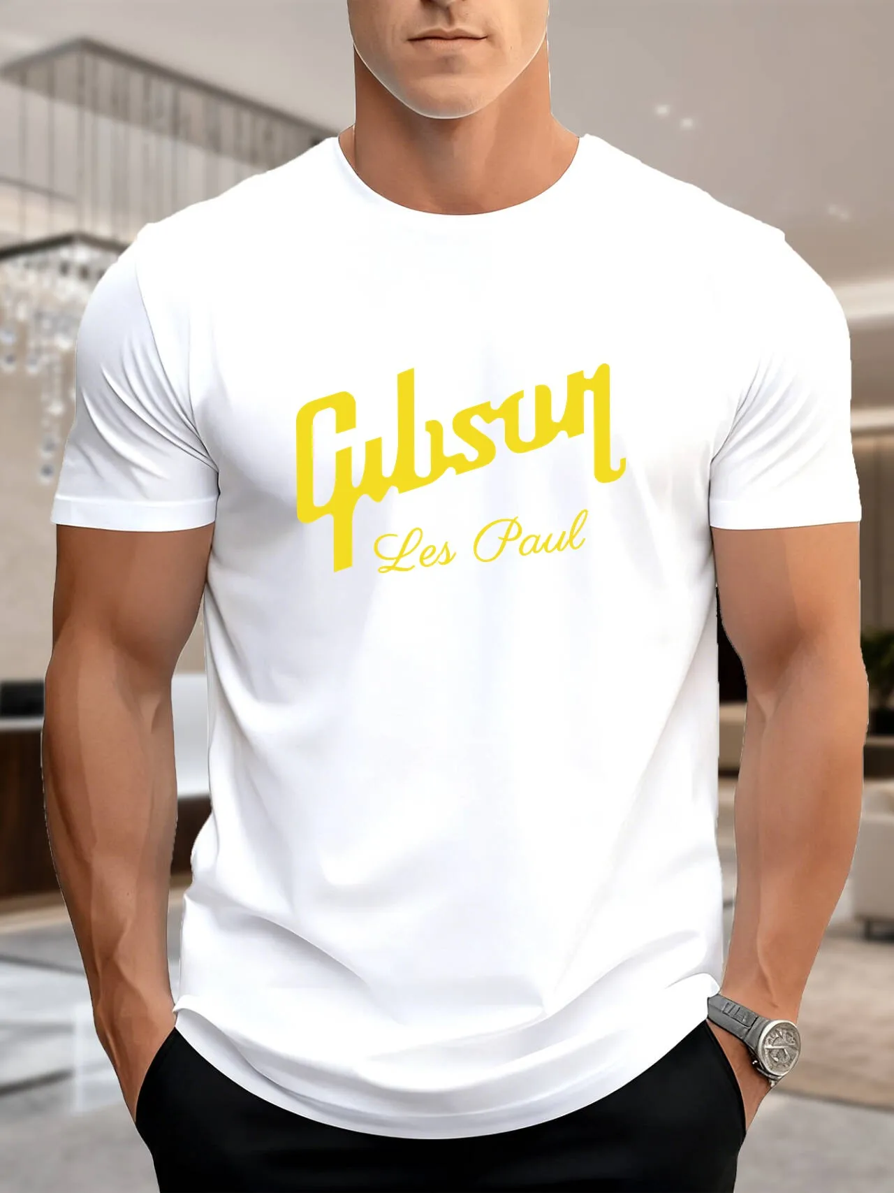 Nueva llegada, camiseta estampada de algodón a la moda para hombre, elegante diseño cuadrado amarillo sobre blanco, transpirable, cómoda, informal, para uso diario