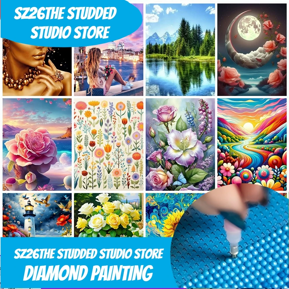 Sz26The Studded Flower Rose Diamond Painting  With Sticker Legend Print Canvas Border Abstract Home Decor Hobby