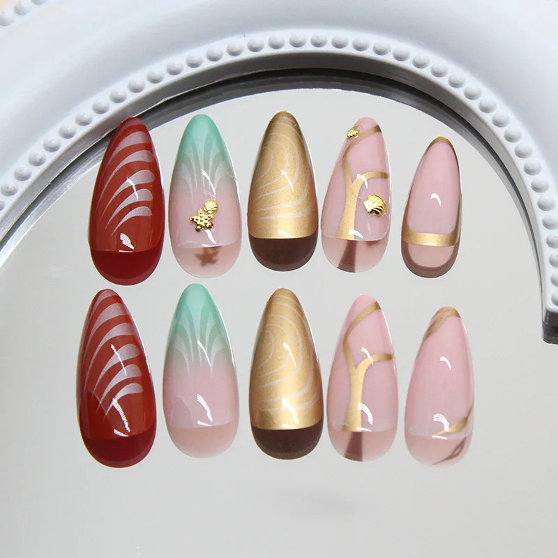 24pcs Sea Star Shell Press on Nails Wave Design Almond Shaped Fake Nails Full Cover Wearable Sweet Cool Spice Girls False Nails