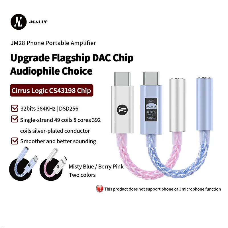 

JCALLY JM28 Cirrus Logic CS43198 Chip Portable DAC Decoder Type-C To 3.5 Headphone Amplifier Adapter DSD256 32bit/384KHz