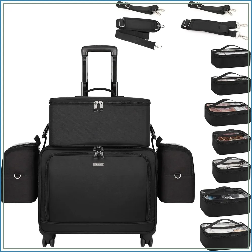 

TANTO Rolling Makeup Train Case, Professional Makeup Case on Wheels, Extra Large Cosmetics Organizer with 7 Small Bags, Swivel Wheels & Adjustable Dividers