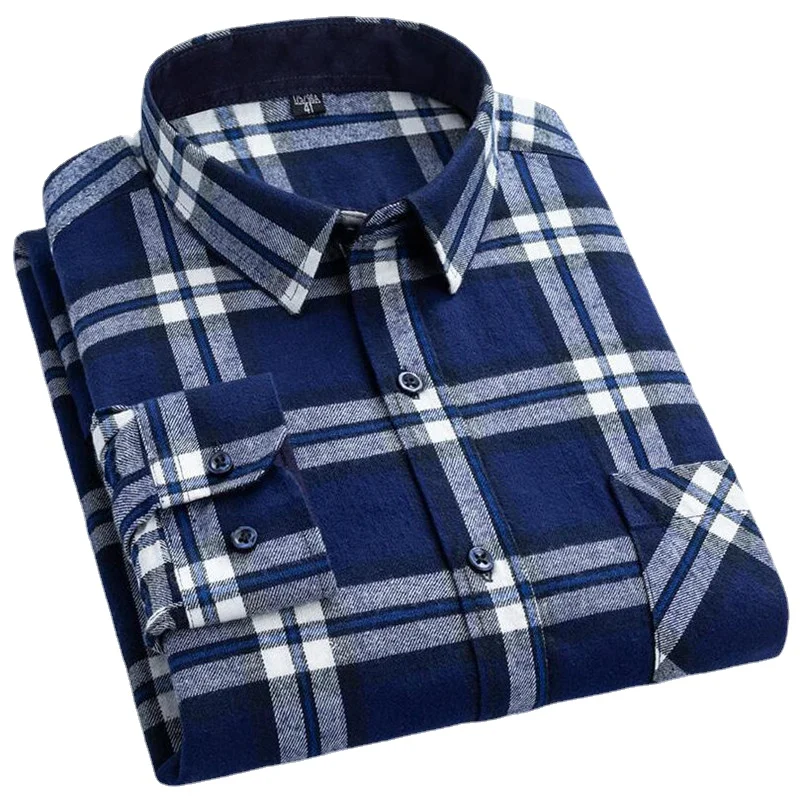 2022 Long Sleeve Regular Fit Home New Spring Autumn 100% Cotton  Plaid Mens Shirts Casual  for Man Clothes Plus Size