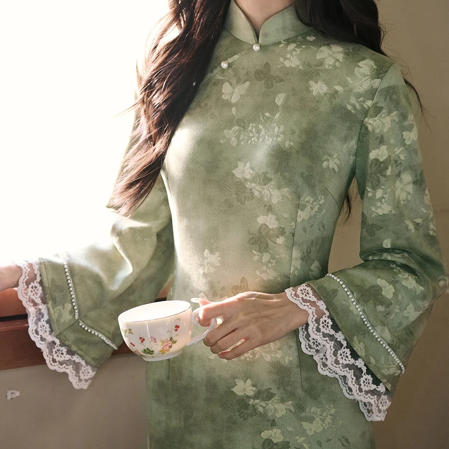 

Платье в китайском стиле принцессы, улучшенное женское Ципао, сексуальное платье Cheongsam с кружевной отделкой и рукавами, традиционный воротник-стойка, Ципао, длинные платья