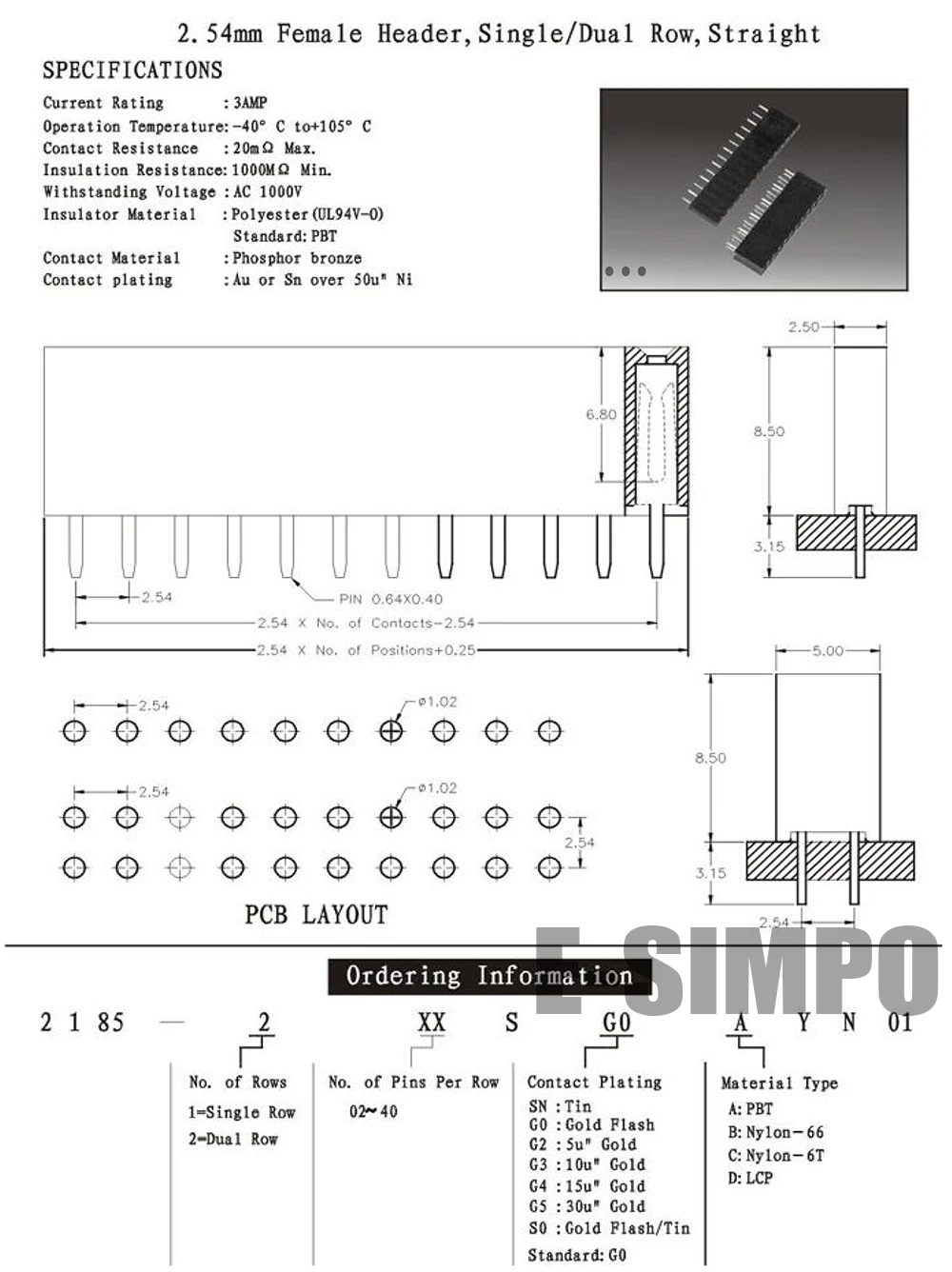 100pcs 2.54mm Double Row Straight Female Header 2X40P PH3.5/5/6.8/7.1/8.5mm Dual Gold-plated PCB Socket