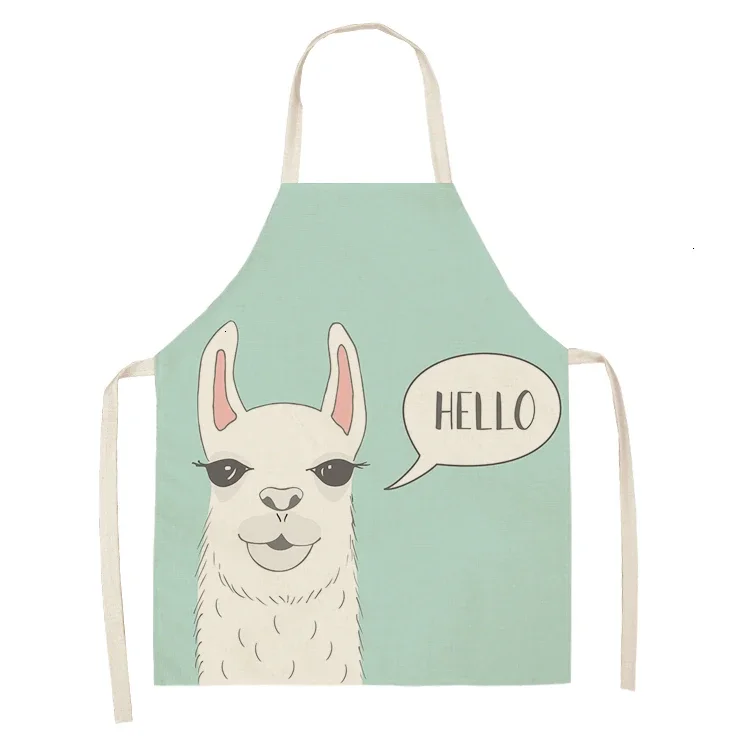 Home Alpaca Llama Cactus Printed Cotton Linen Sleeveless Aprons Kitchen Women Pinafore Home Cooking Accessories Baking Waist Bib