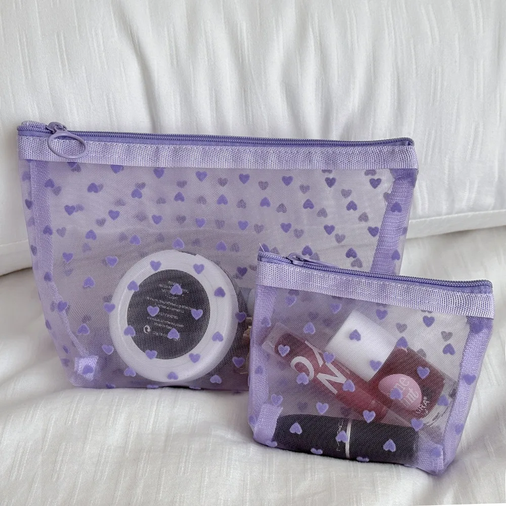 Portable Heart Print Mesh Storage Bag Purple Series Transparent Makeup Pouch Multifunctional Nylon Toiletries Kit Travel