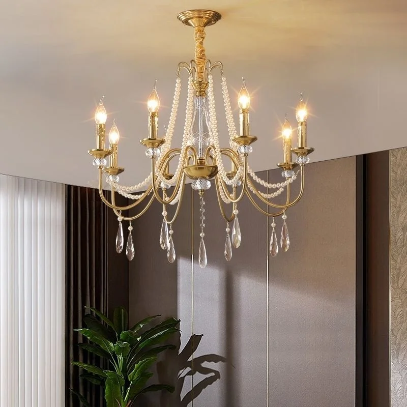 French Luxury Crystal Pearl Chandelier Foyer Lustre E14 Pendant Light American Style Home Decor
