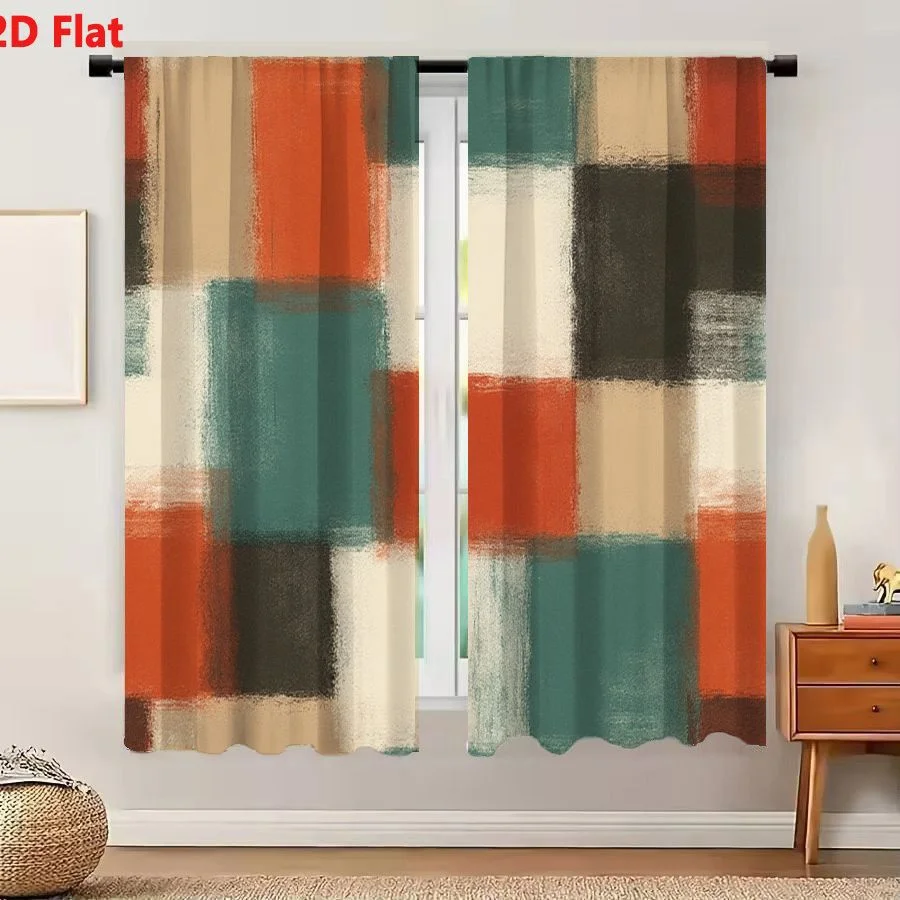 2Pcs Curtains 2D Flat Abstract Geometric Composition With Terracotta Orange Teal Beige And Charcoal Blocks Window Drapes for Bed