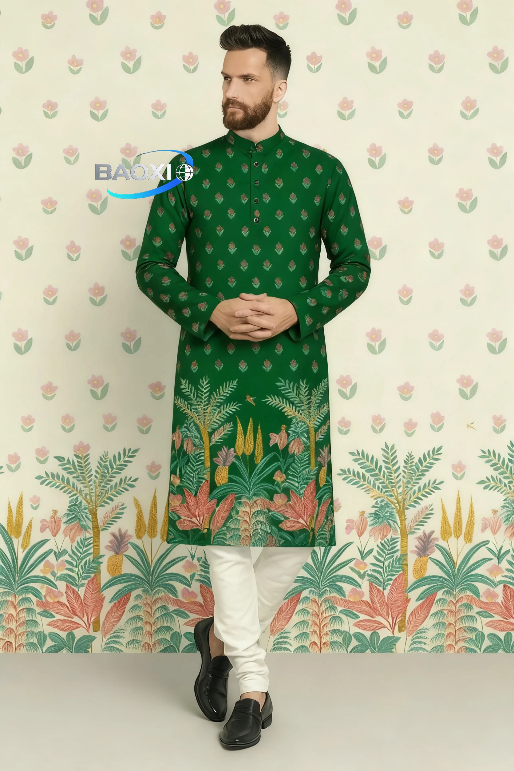 Kurta Eenha com estampa digital masculina equipada com gola mandarim estilo longo adequado para todas as ocasiões, como casamentos
