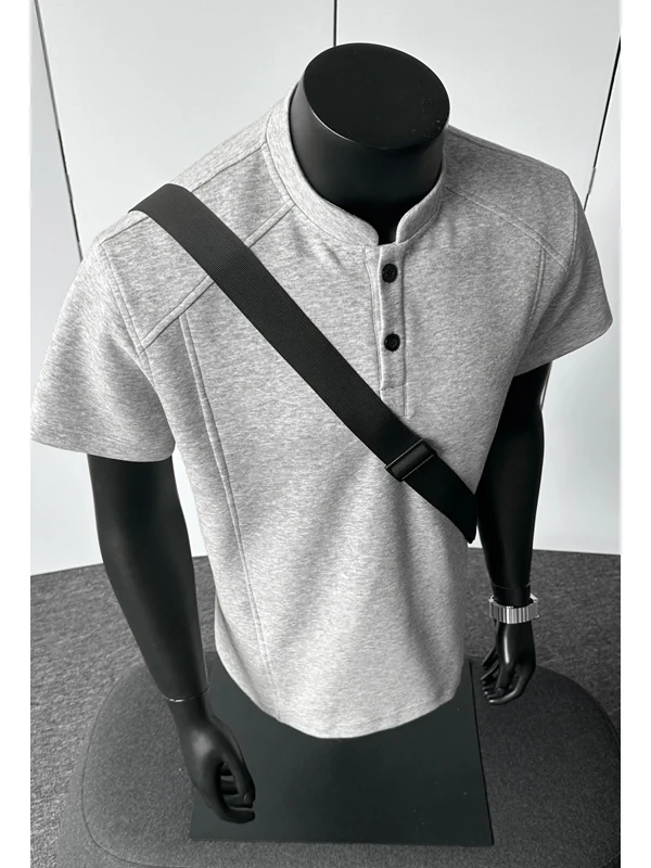 2026 New American Retro Henry Collar T-Shirt Unisex Short Sleeve Loose Grey High-End Feeling Trendy Brand Top Citywalk Cotton...