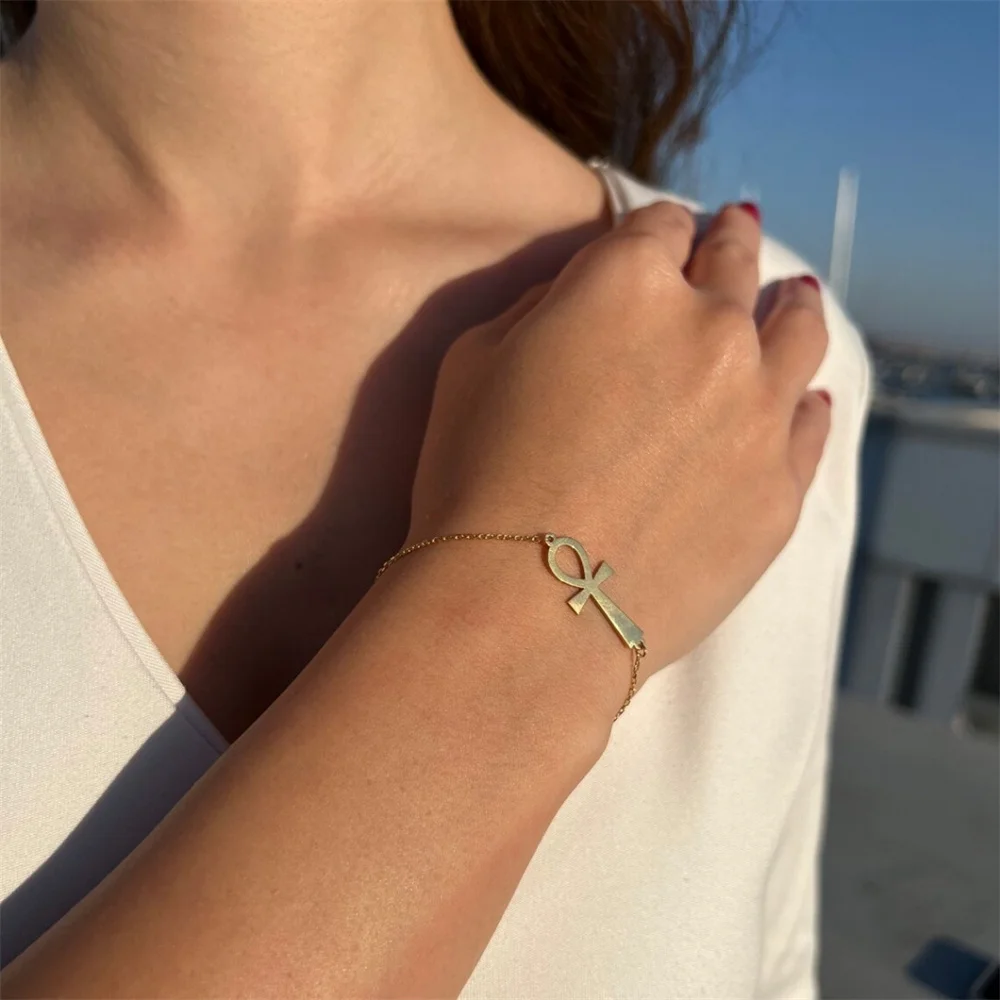 Minimalist Ancient Egypt Ankh Bracelet for Women Gold Color Stainless Steel Cross Wrist Chain Bangle Vintage Egyptian Jewelry