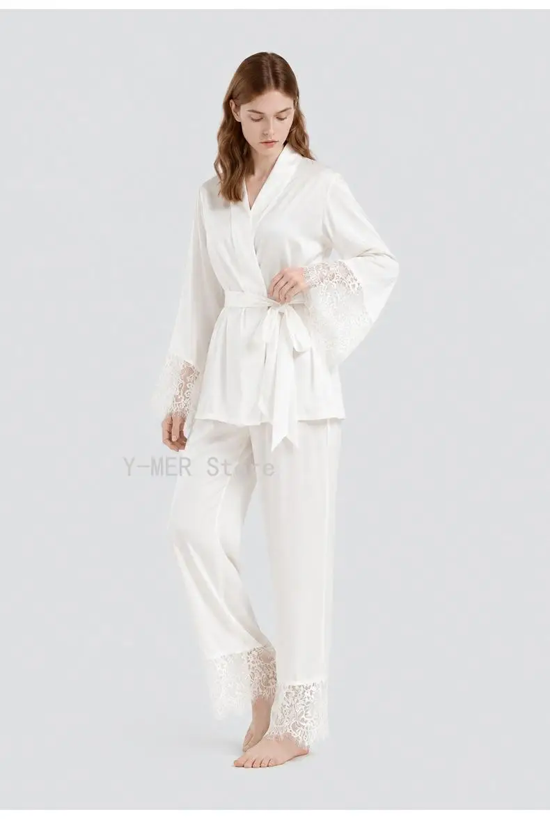 Spring Autumn Elegant New Women 2Pcs Sleepwear, Lace Satin Chiffon Short Robe with Matching Long Pants Ladies Home Loungewear