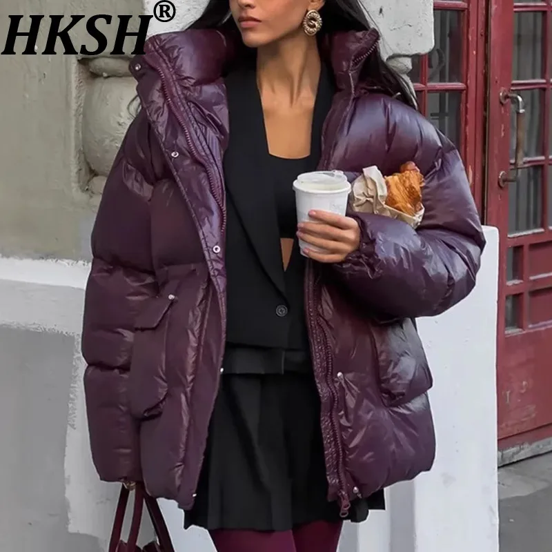 

HKSH Winter New Women's Wadded Jacket Solid Color Hooded Zipper Drawstring Waist Pockets Elegant Casual Warm Padded Coat HK14199