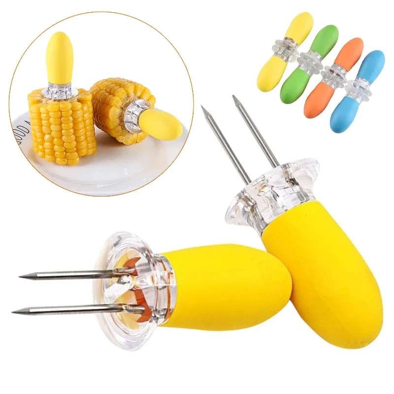 4 Pairs Stainless Steel Corn Fork Holders Hot Dog Fruits Corn on The Cob Prongs Skewers for Cooking BBQ Parties Kitchen Gadget