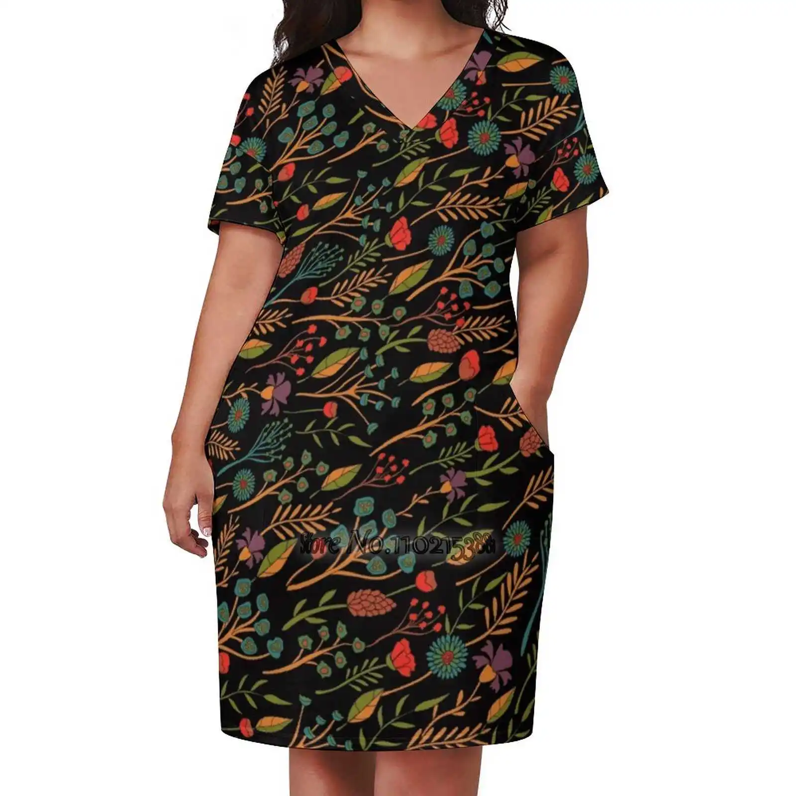 Teal Vermelho Laranja Verde Turquesa & Preto Padrão Floral Sexy Vestido Em V-Neck Moda Casual Impresso Alta Qualidade Saia de Manga Curta