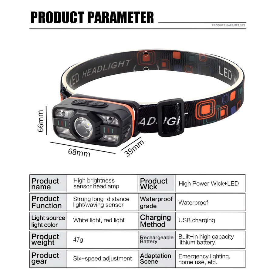 センサー付きLEDヘッドランプ,充電式,高輝度,誘導,防水,釣り,キャンプ,サイクリング用