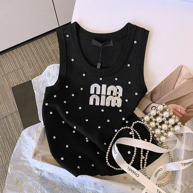 Summer Sexy Sleeveless Vest Women Korean Fashion Inlay Diamond Luxury Designer Slim Fit Knitting Tank Tops Women Camis Clothes