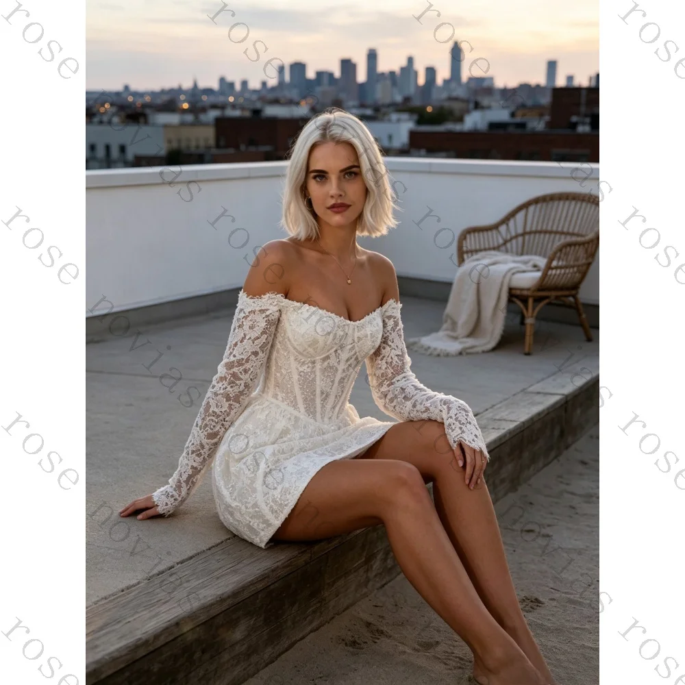 Customized Sexy Off Shoulder Long Sleeved Lace Mini Wedding Dresses 2026 New Sparkling Short Bridal Gown Suitable for Parties