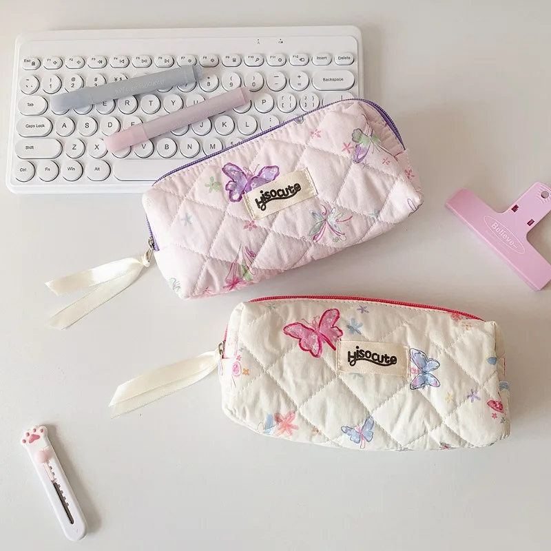 1 Piece Korean Fashion Aesthetic Butterfly Pencil Case Print Floral Pink Purple Color Stationery Storage School Student Pen Bag