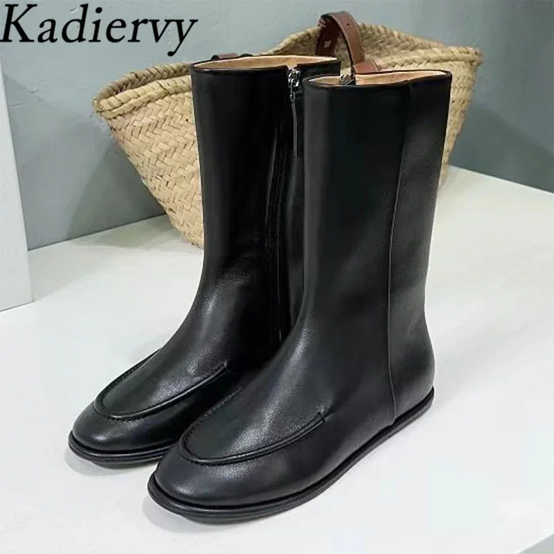 

New Autumn Short Boots Woman Round Toe Flat Shoes Woman Genuine Leather Black White Mid Calf Boots Runway Boots Women Botas