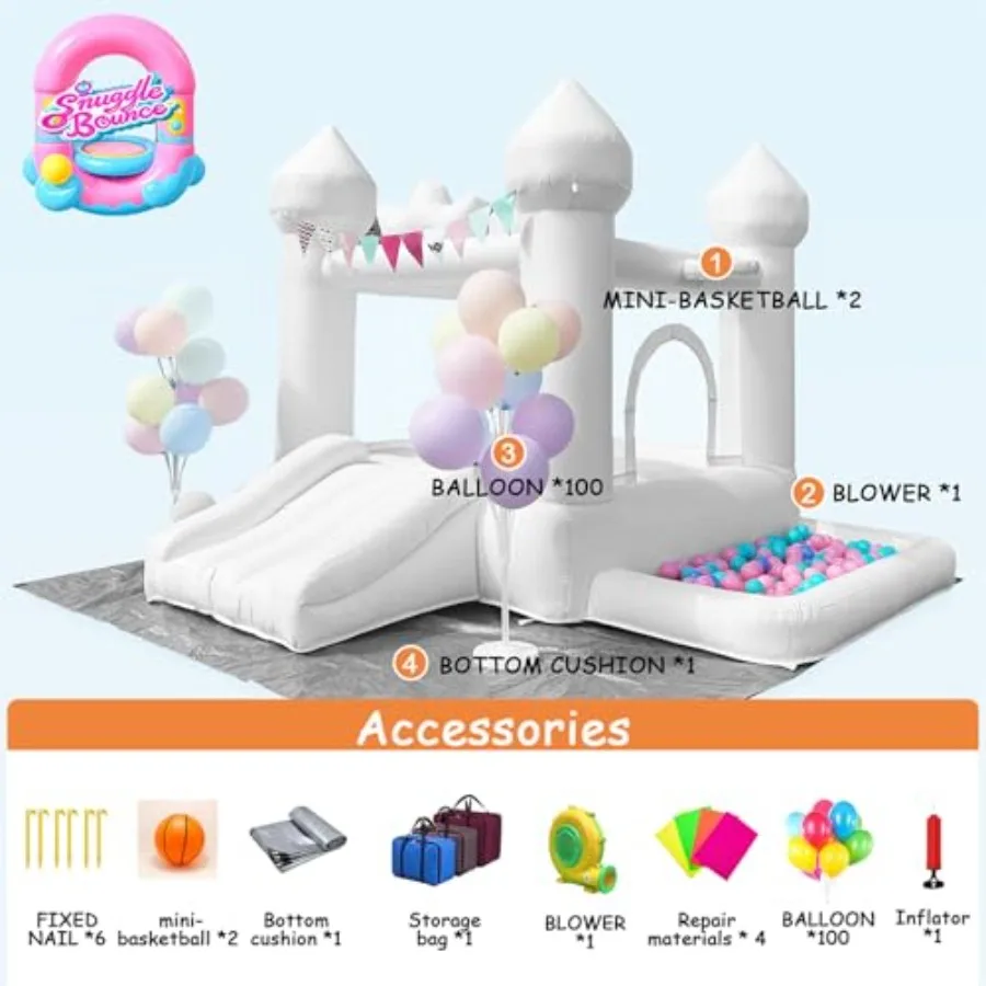 9FT White Bounce House, Inflatable Toddler Bouncy House for 3-6 Age Party Gift with Blower White Jumper Bouncy Castle Wedding D
