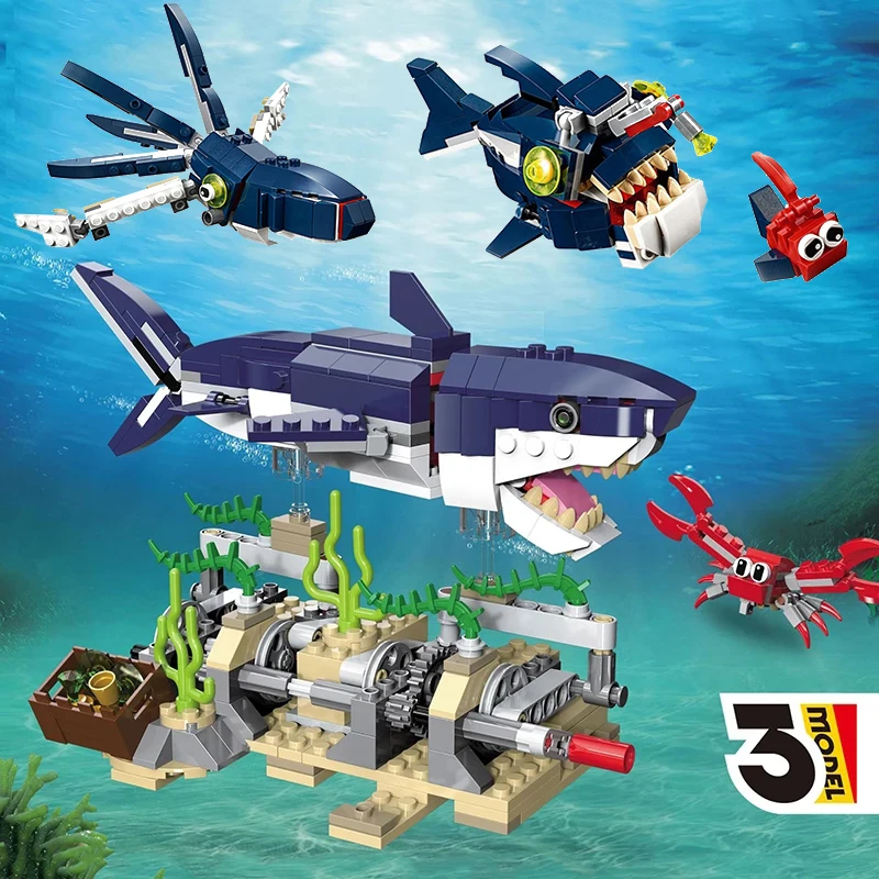 388PCS Creative Marine Animal Series 3in1 Shark Building Blocks 31088 Squid Crab DIY Model Bricks Toys Gift For Children Boy Kid