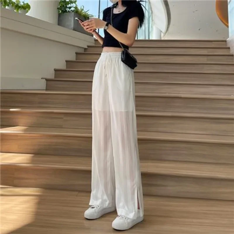 Pants Women Side-slit See Through Thin Summer Straight Fashion High Waist Streetwear Korean Style Breathable Solid Sheer Chic