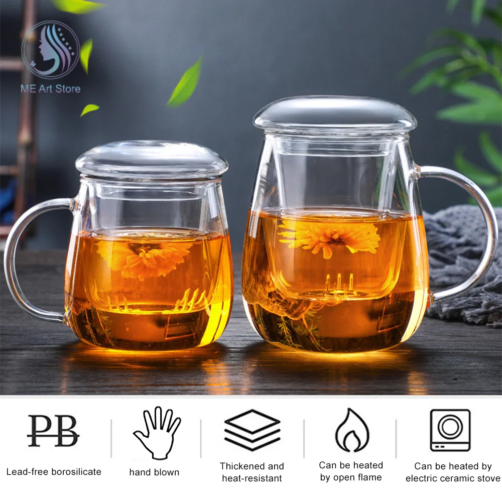 Glass Teacup with Tea Infuser for Stove Office Heat Resistant Explosion Proof Milk Rose Flower Mug Tea Cup for Home Office