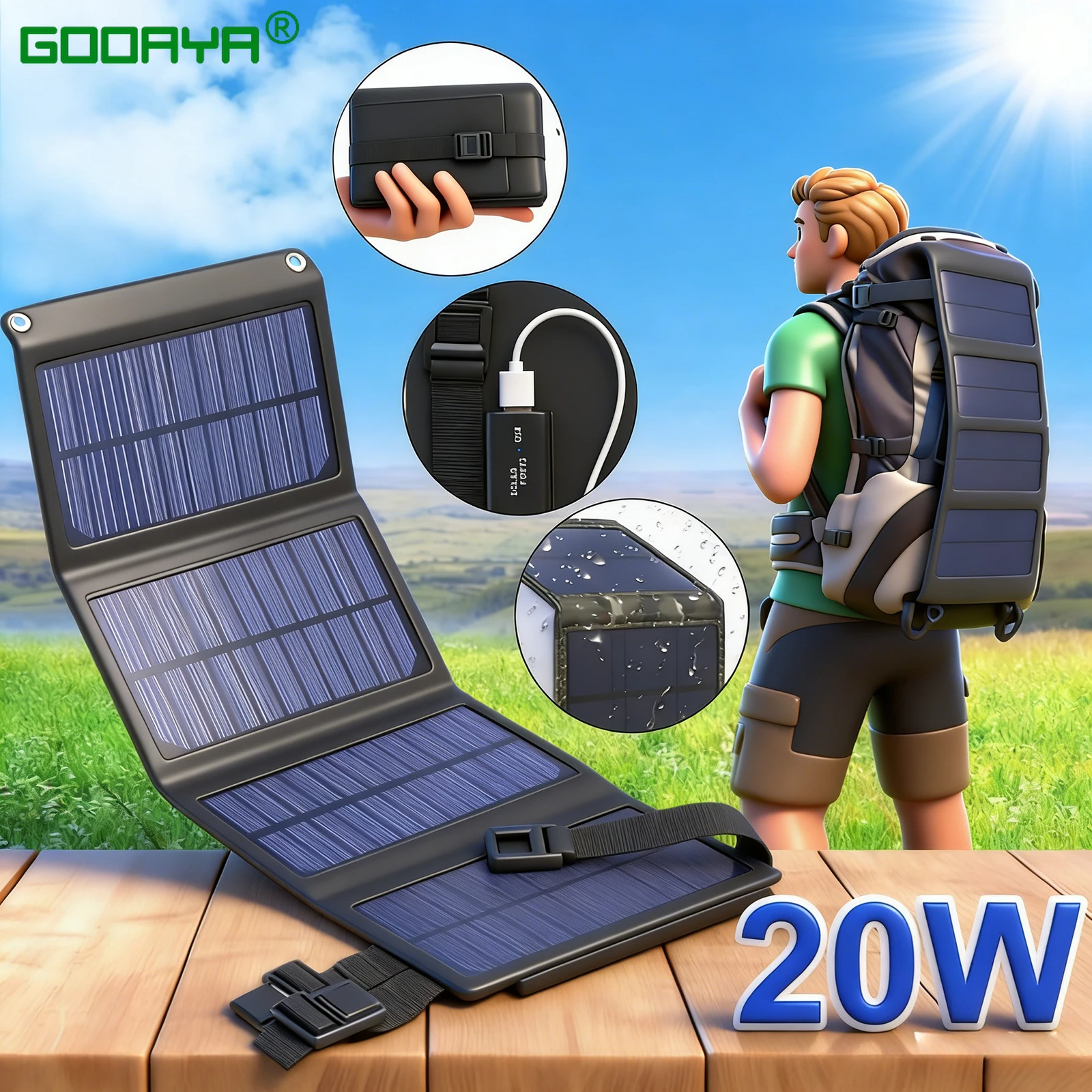 20W 5V Portable Solar Panel Solar Charger Foldable Waterproof USB Port Charger for Phone Battery Outdoor Camouflage/Black