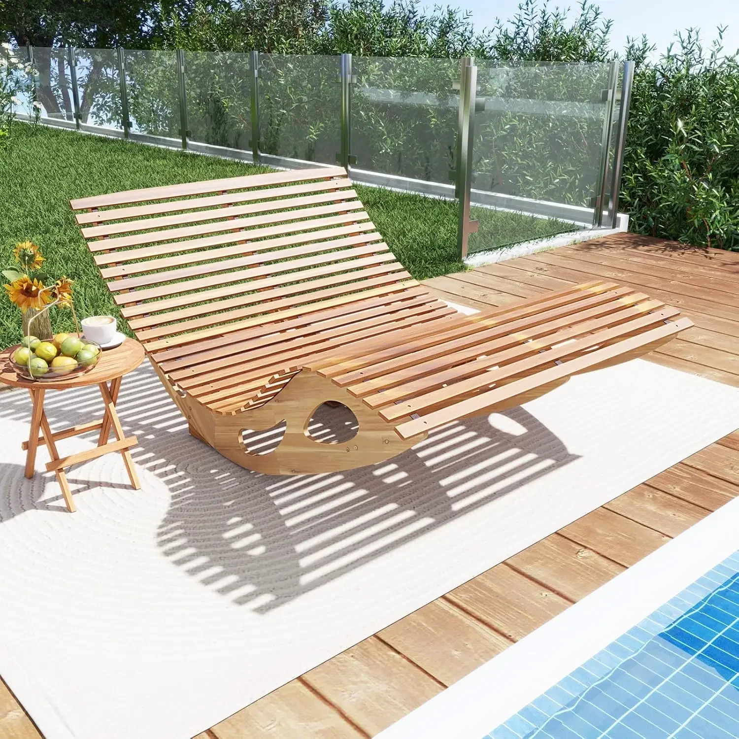 Outdoor Double Chaise Lounge Chair, Acacia Wood Rocking Sunbed with Slatted Backrest and Seat, Wooden Loveseat Rocker for Patio,