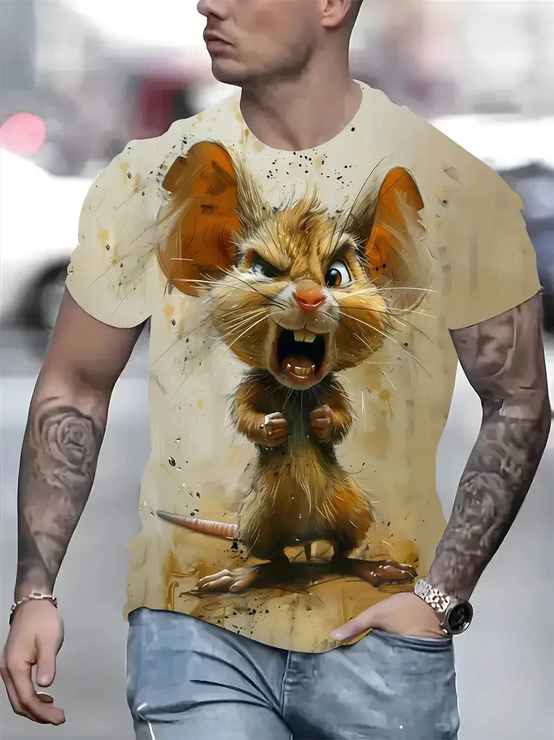 Men's 3D Animal Mouse Print T-shirt 2024 Summer Fashion Casual Outdoor Sports Fitness Crewneck Short-sleeved Men's Clothing